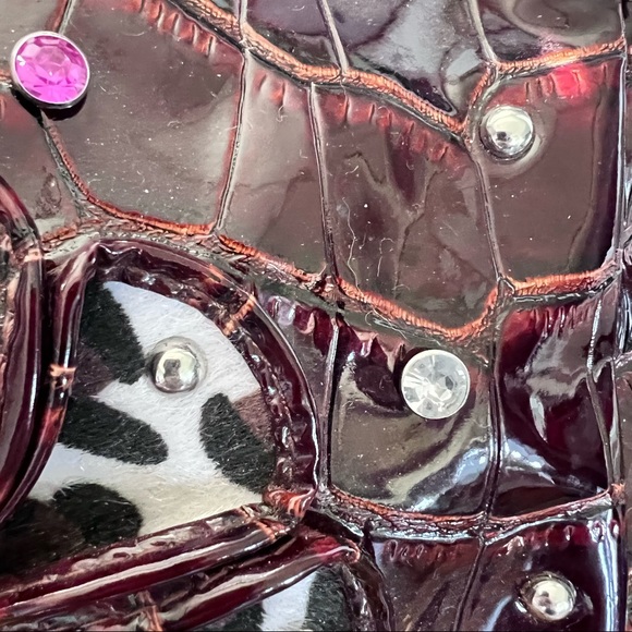 Brown Faux Croc Purse w/furry animal print trim, kiss lock, gems EUC - Picture 4 of 15